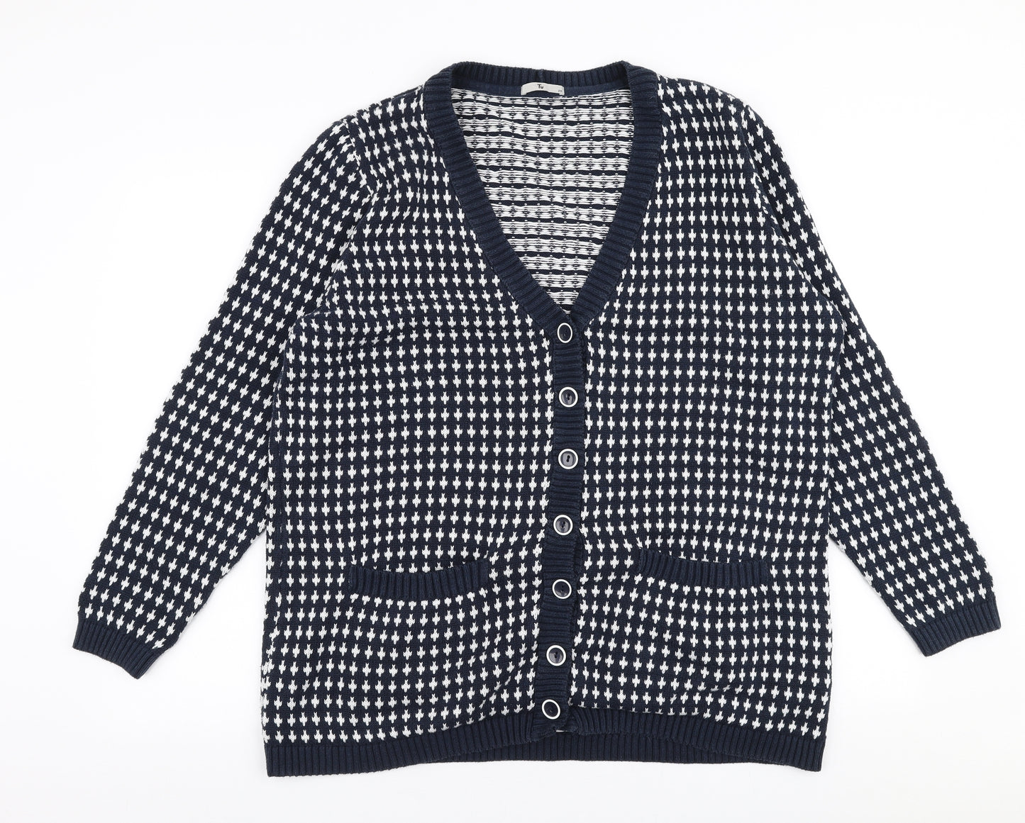 TU Womens Blue V-Neck Geometric Cotton Cardigan Jumper Size 20