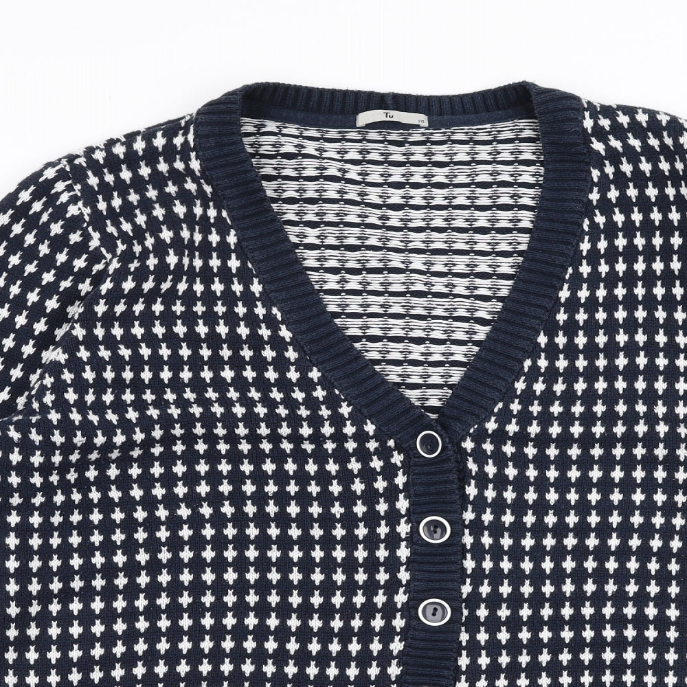 TU Womens Blue V-Neck Geometric Cotton Cardigan Jumper Size 20