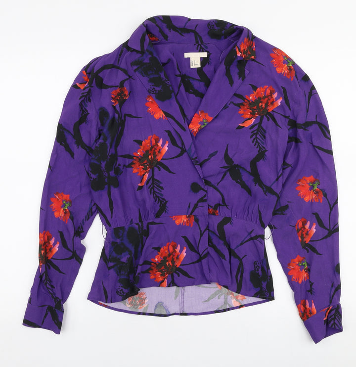 H&M Womens Purple Floral Viscose Basic Blouse Size 6 Collared