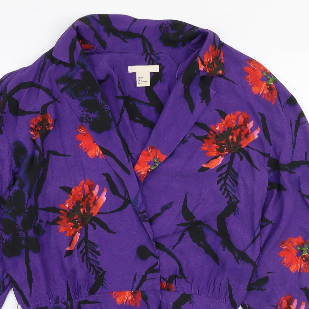 H&M Womens Purple Floral Viscose Basic Blouse Size 6 Collared