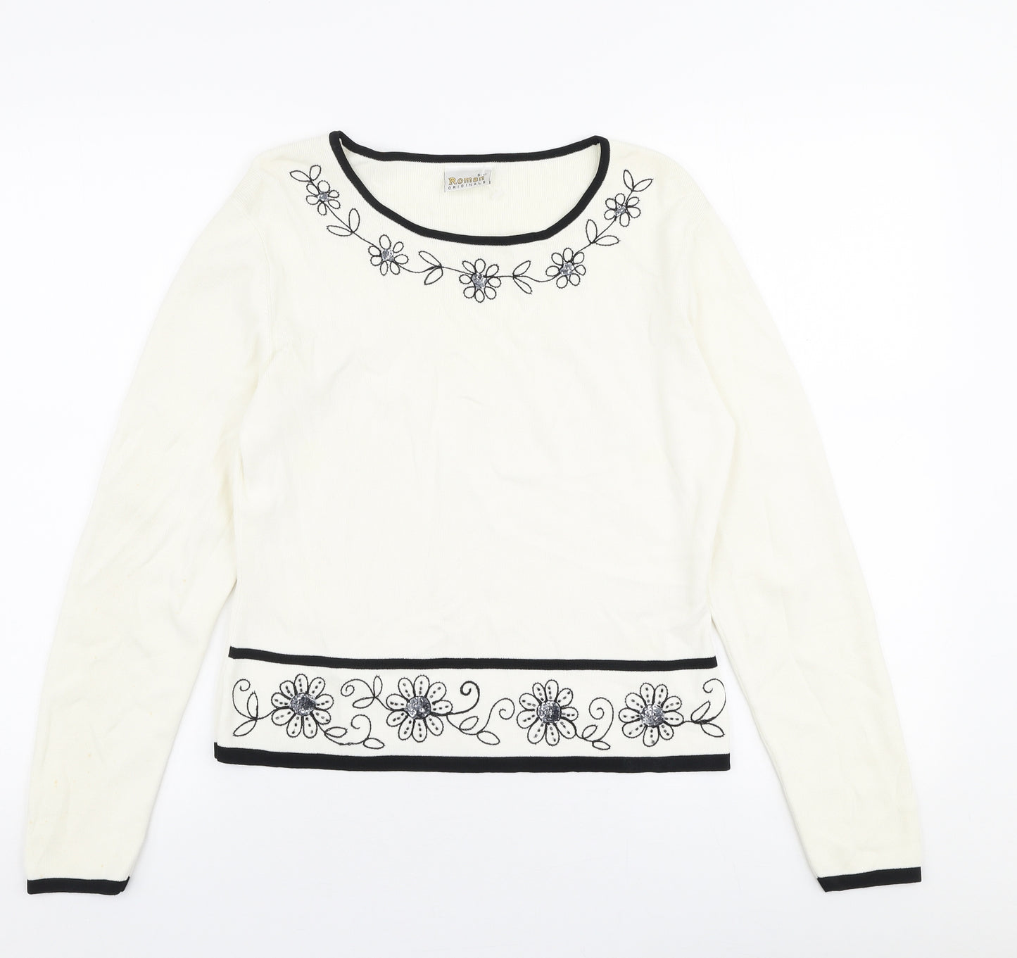 Roman Womens White Round Neck Floral Viscose Pullover Jumper Size S