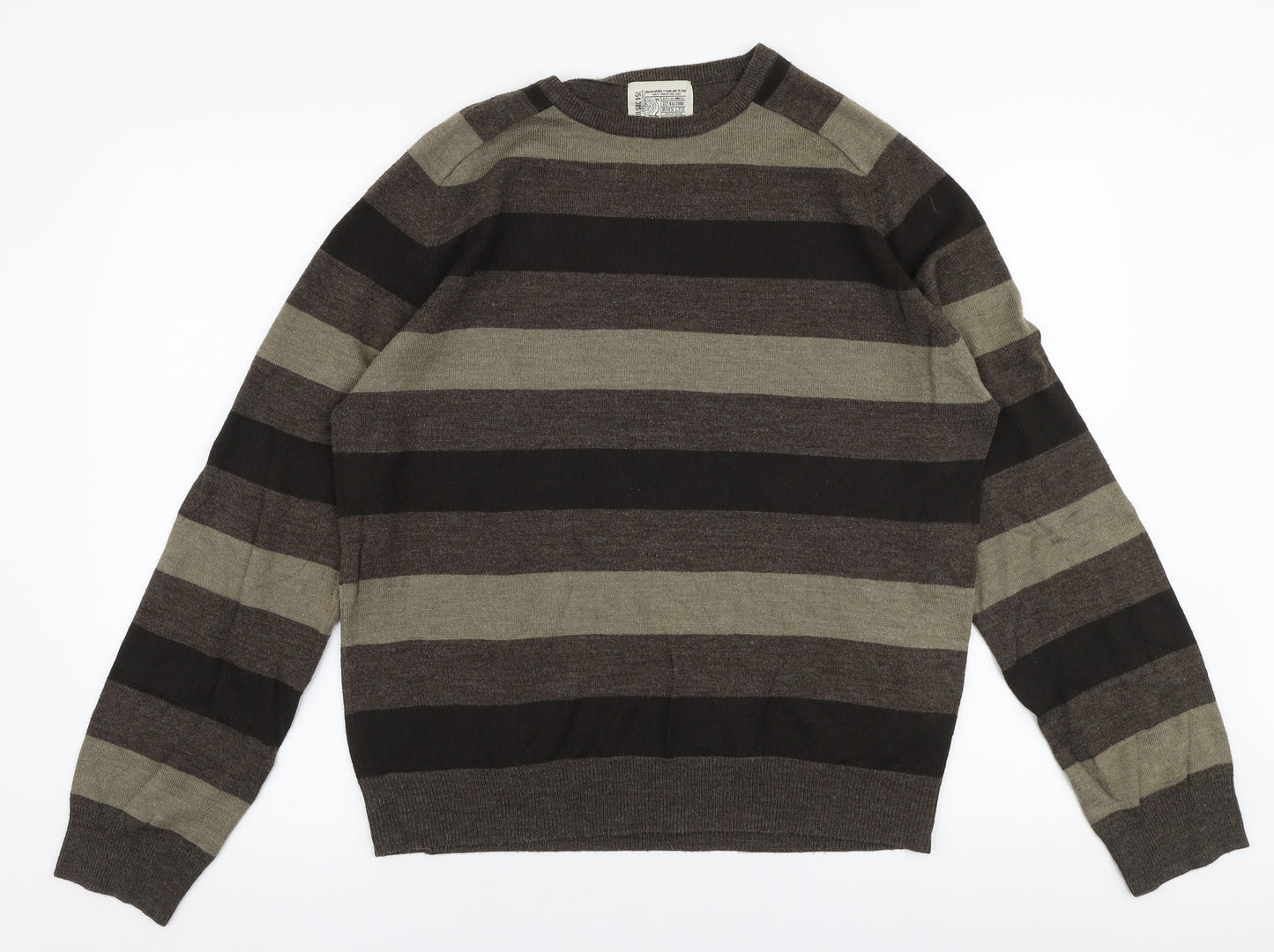 BHS Mens Brown Round Neck Striped Acrylic Pullover Jumper Size M
