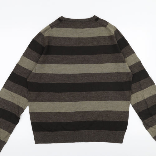 BHS Mens Brown Round Neck Striped Acrylic Pullover Jumper Size M