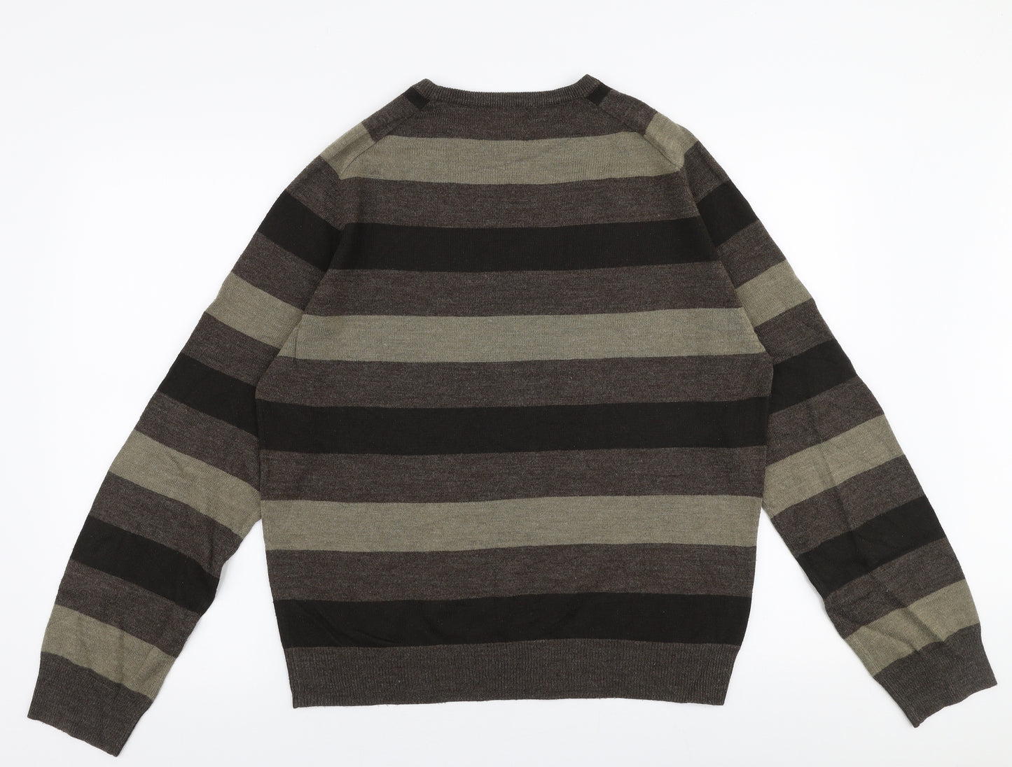 BHS Mens Brown Round Neck Striped Acrylic Pullover Jumper Size M