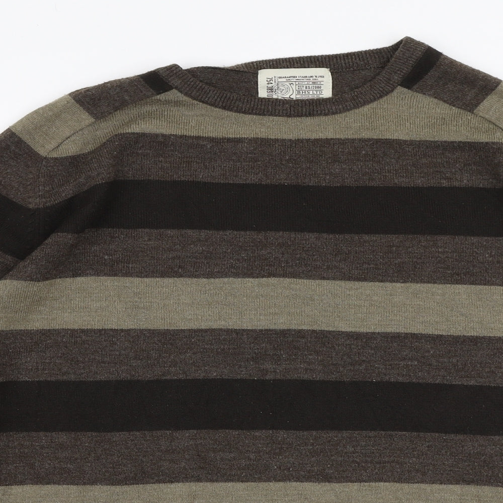 BHS Mens Brown Round Neck Striped Acrylic Pullover Jumper Size M