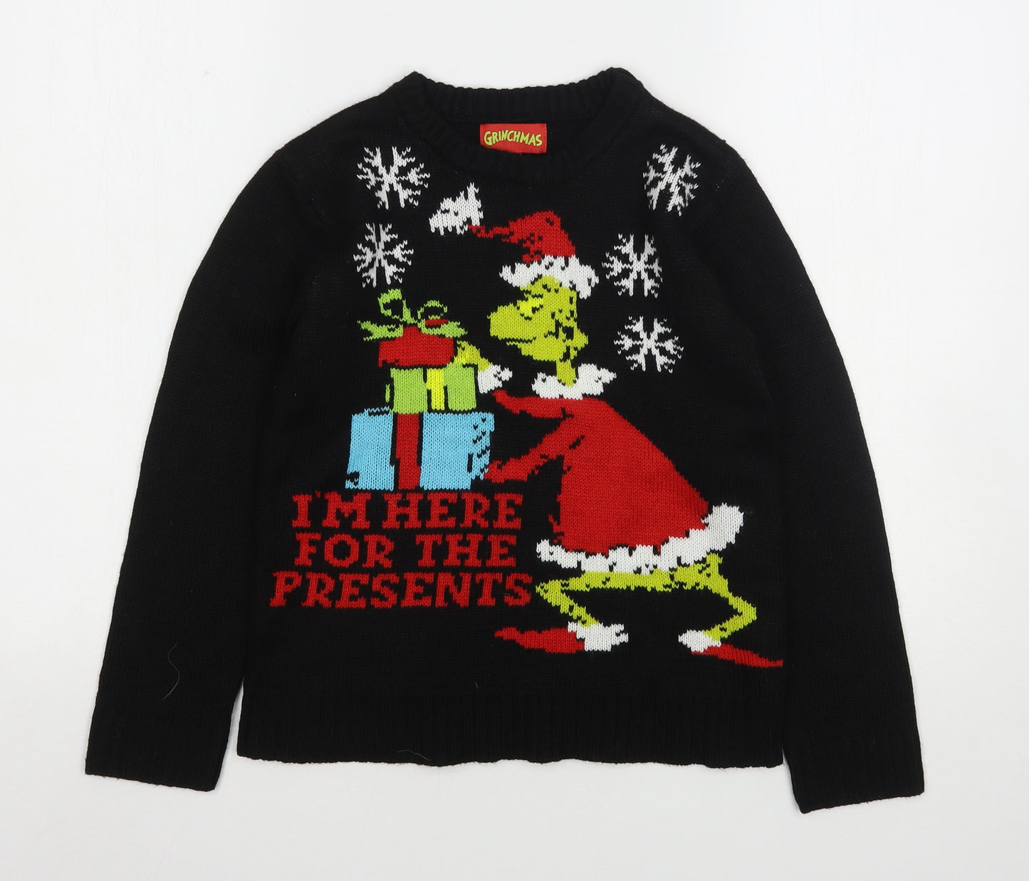 Dr Seuss Boys Black Round Neck  Acrylic Pullover Jumper Size 9-10 Years   - The Grinch
