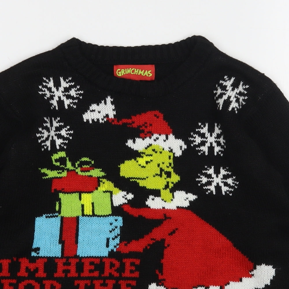Dr Seuss Boys Black Round Neck  Acrylic Pullover Jumper Size 9-10 Years   - The Grinch