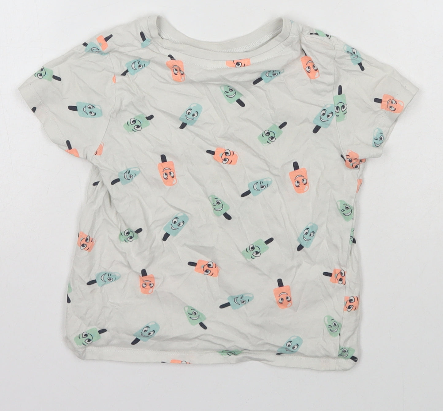 Pep&Co Girls Ivory Geometric Cotton Basic T-Shirt Size 4-5 Years Crew Neck Pullover