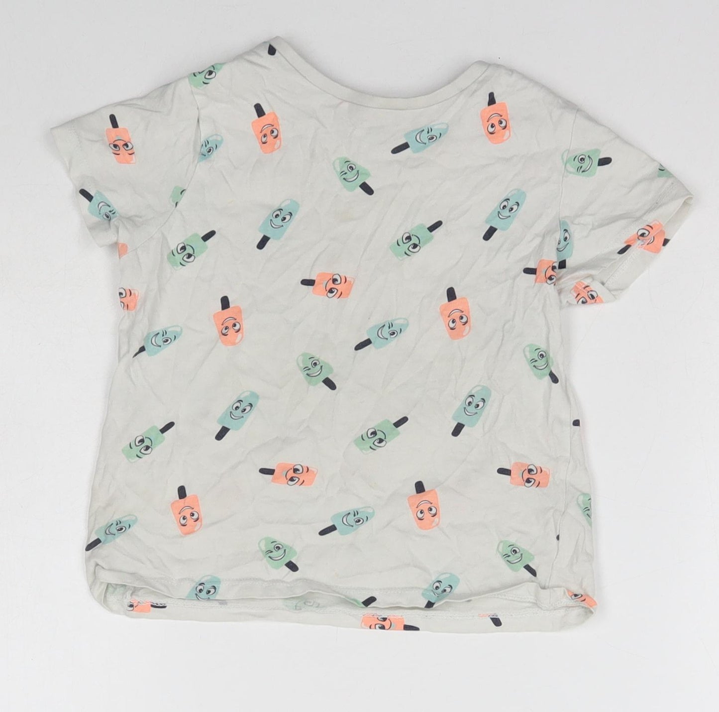 Pep&Co Girls Ivory Geometric Cotton Basic T-Shirt Size 4-5 Years Crew Neck Pullover