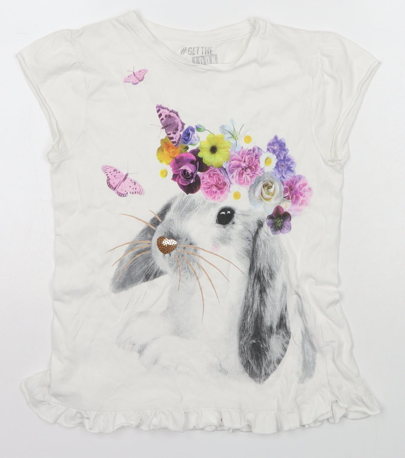 F&F Girls White  Cotton Basic T-Shirt Size 11-12 Years Scoop Neck Pullover - Bunny