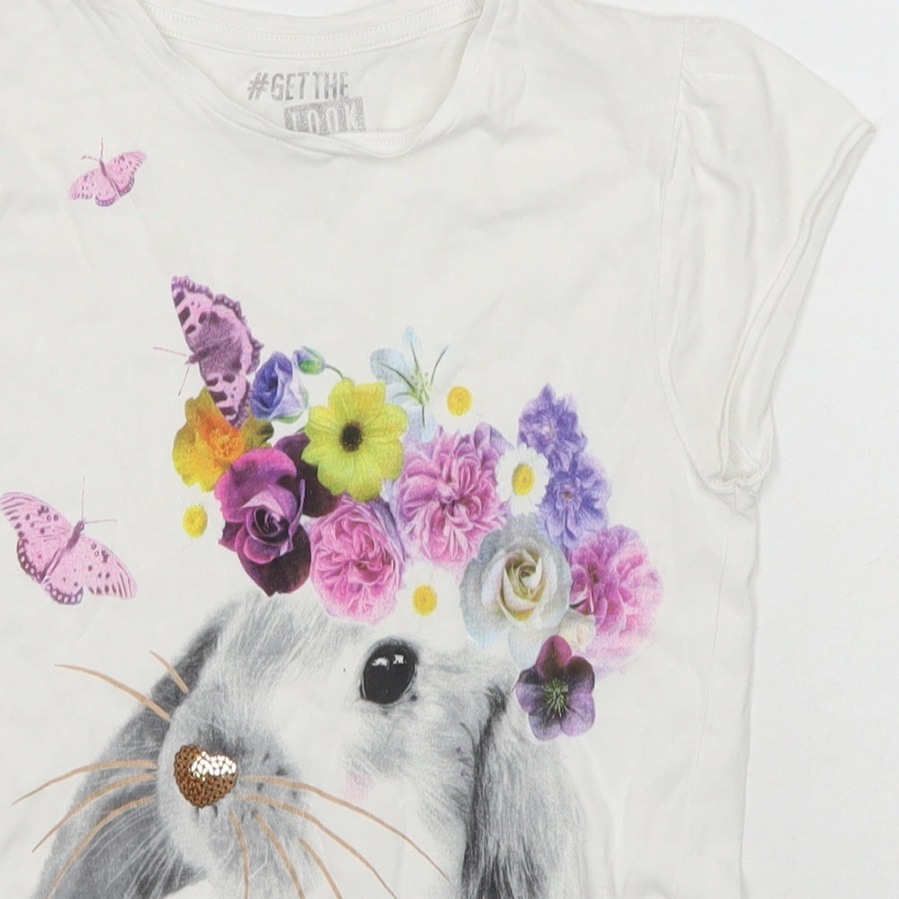 F&F Girls White  Cotton Basic T-Shirt Size 11-12 Years Scoop Neck Pullover - Bunny