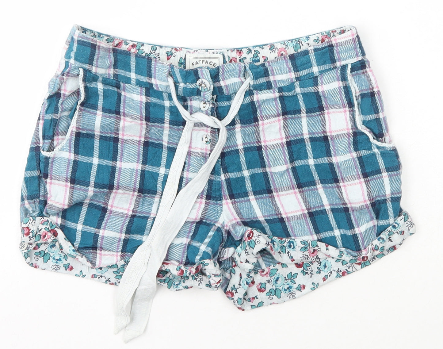 Fat Face Womens Blue Check Cotton Bermuda Shorts Size 8 L3 in Regular Tie