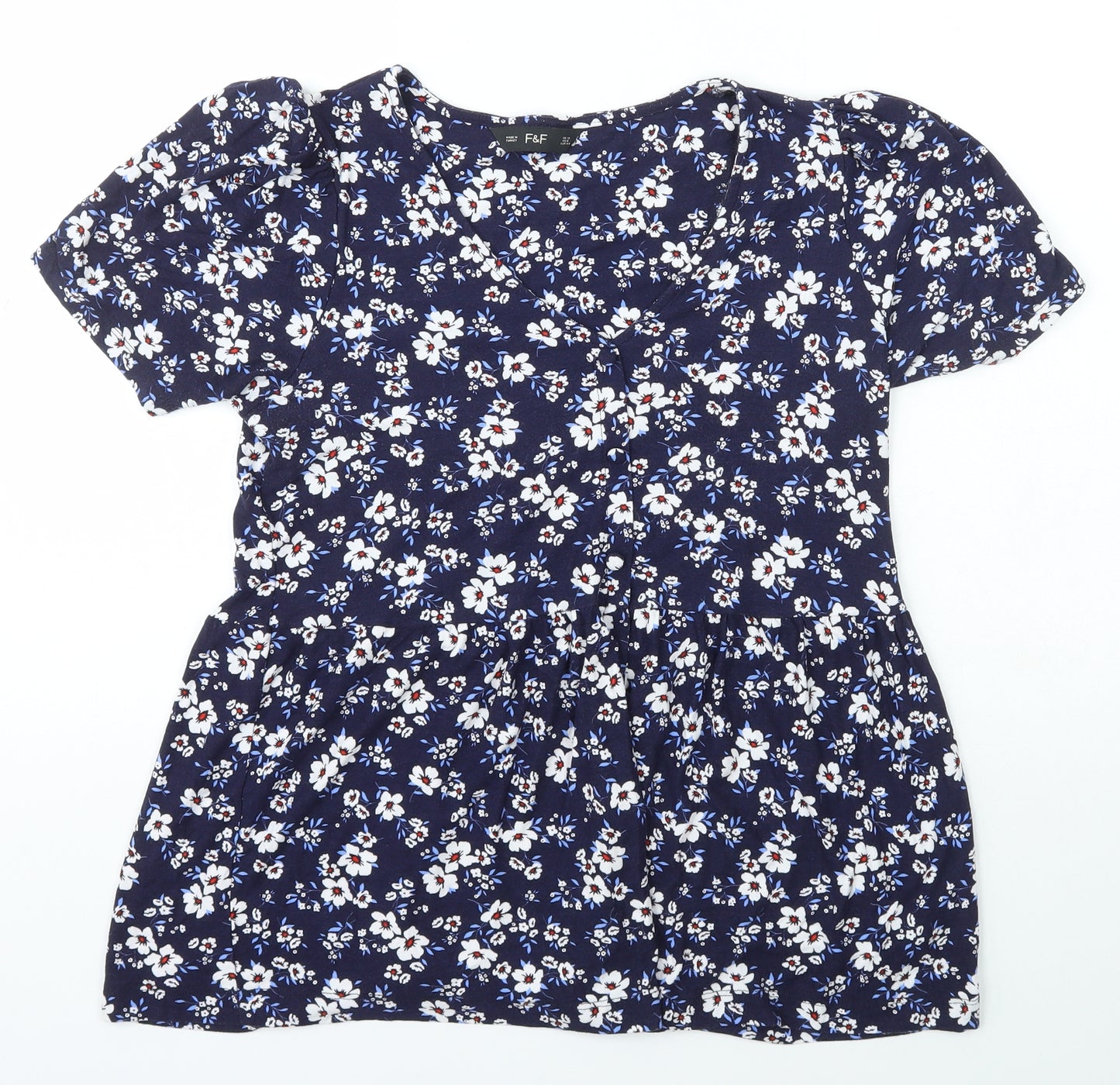 F&F Womens Blue Floral Viscose Basic T-Shirt Size 12 V-Neck