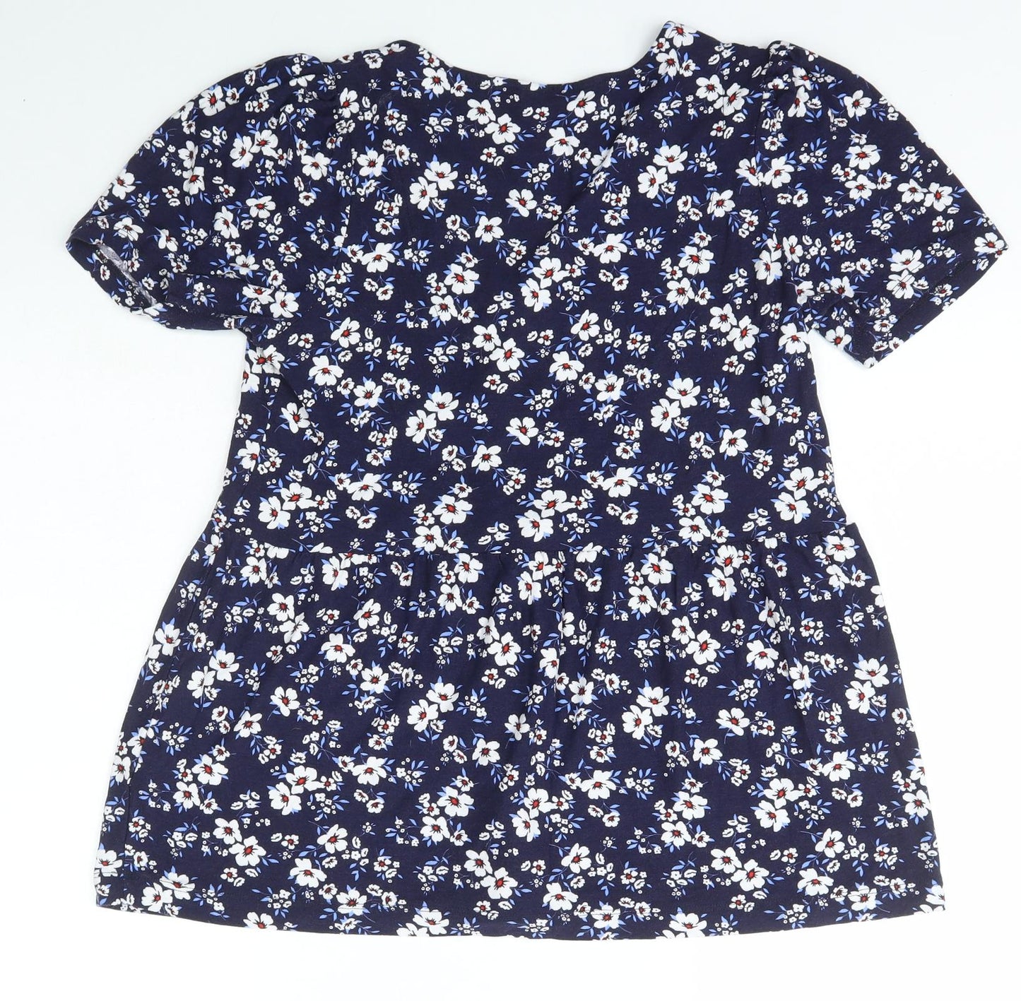 F&F Womens Blue Floral Viscose Basic T-Shirt Size 12 V-Neck