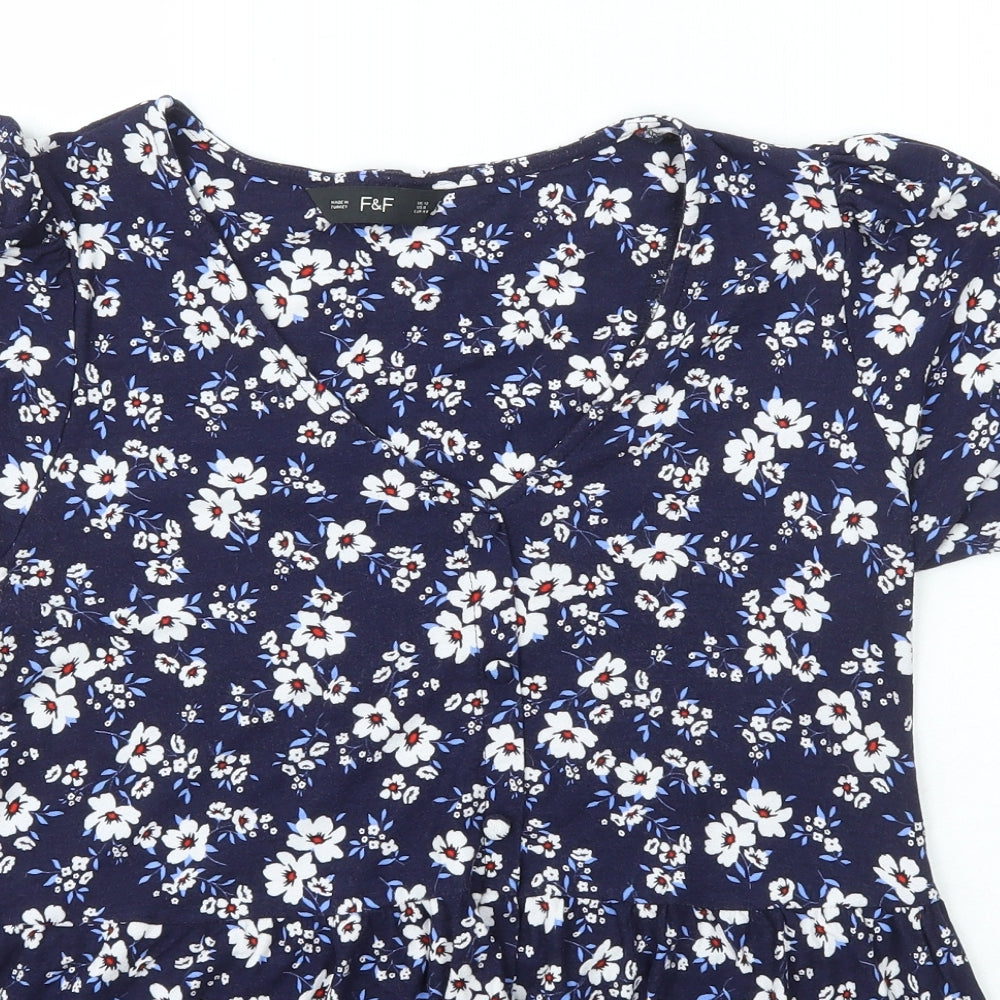 F&F Womens Blue Floral Viscose Basic T-Shirt Size 12 V-Neck