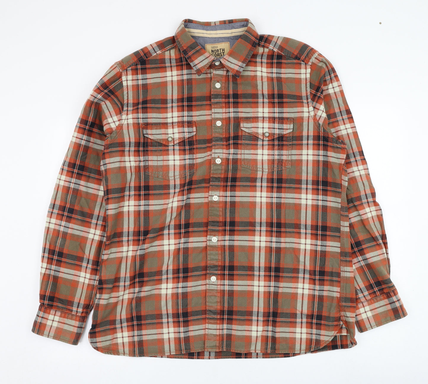 Marks and Spencer Mens Orange Check Cotton  Button-Up Size L Collared Button