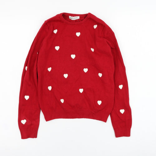 H&M Girls Red Round Neck  Cotton Pullover Jumper Size 9-10 Years  Pullover - Heart