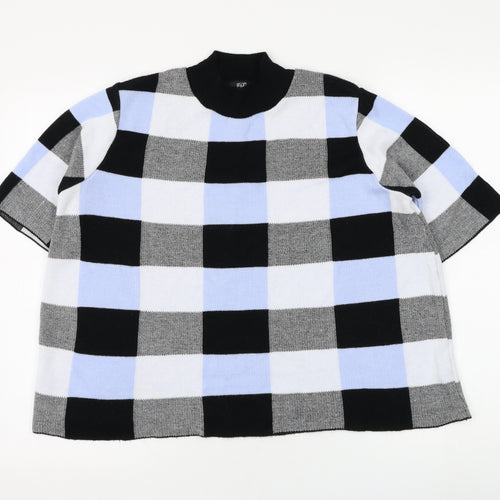 F&F Womens Blue Mock Neck Check Acrylic Pullover Jumper Size 18