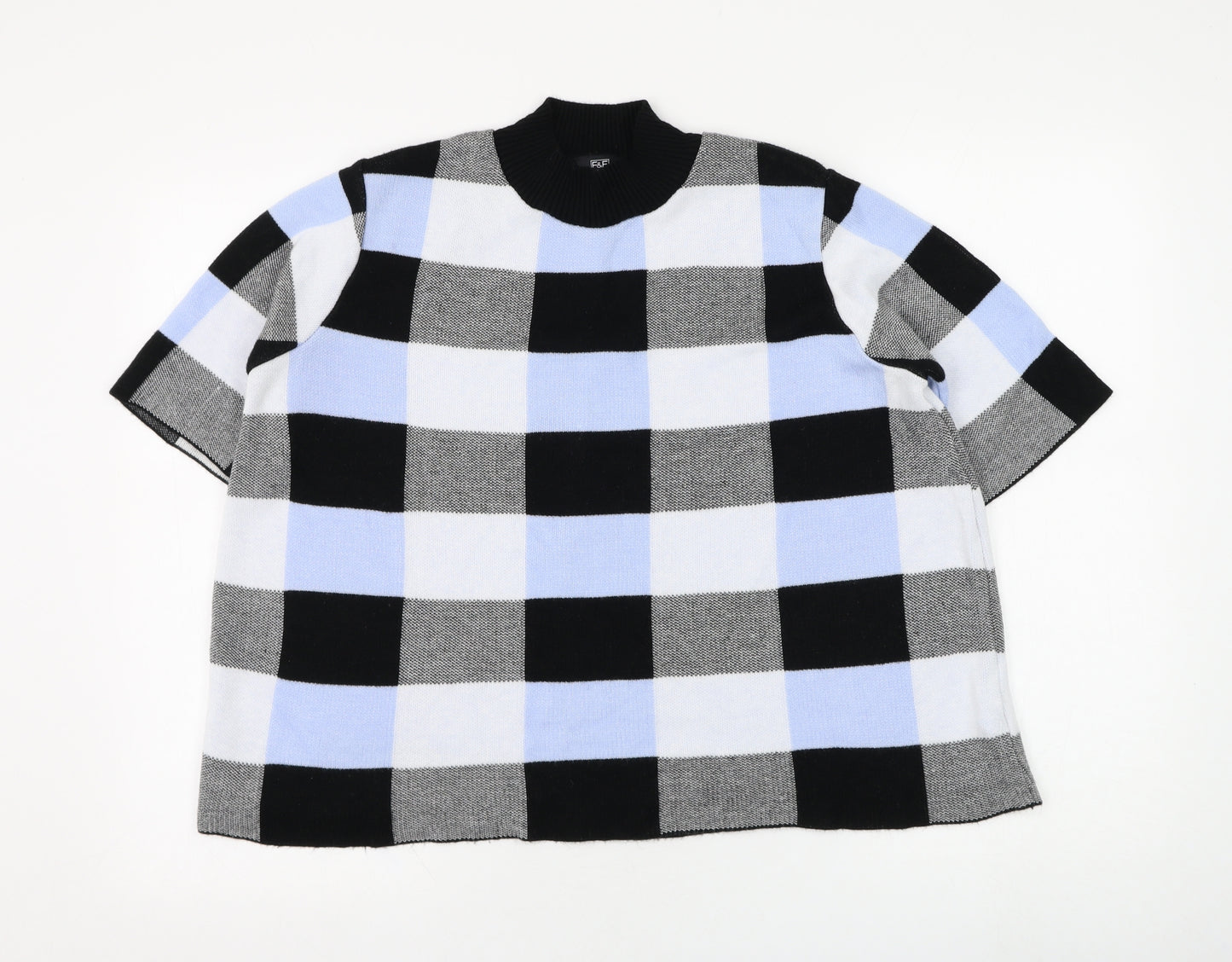 F&F Womens Blue Mock Neck Check Acrylic Pullover Jumper Size 18