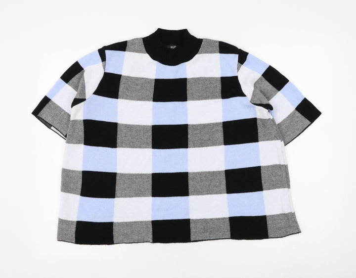 F&F Womens Blue Mock Neck Check Acrylic Pullover Jumper Size 18