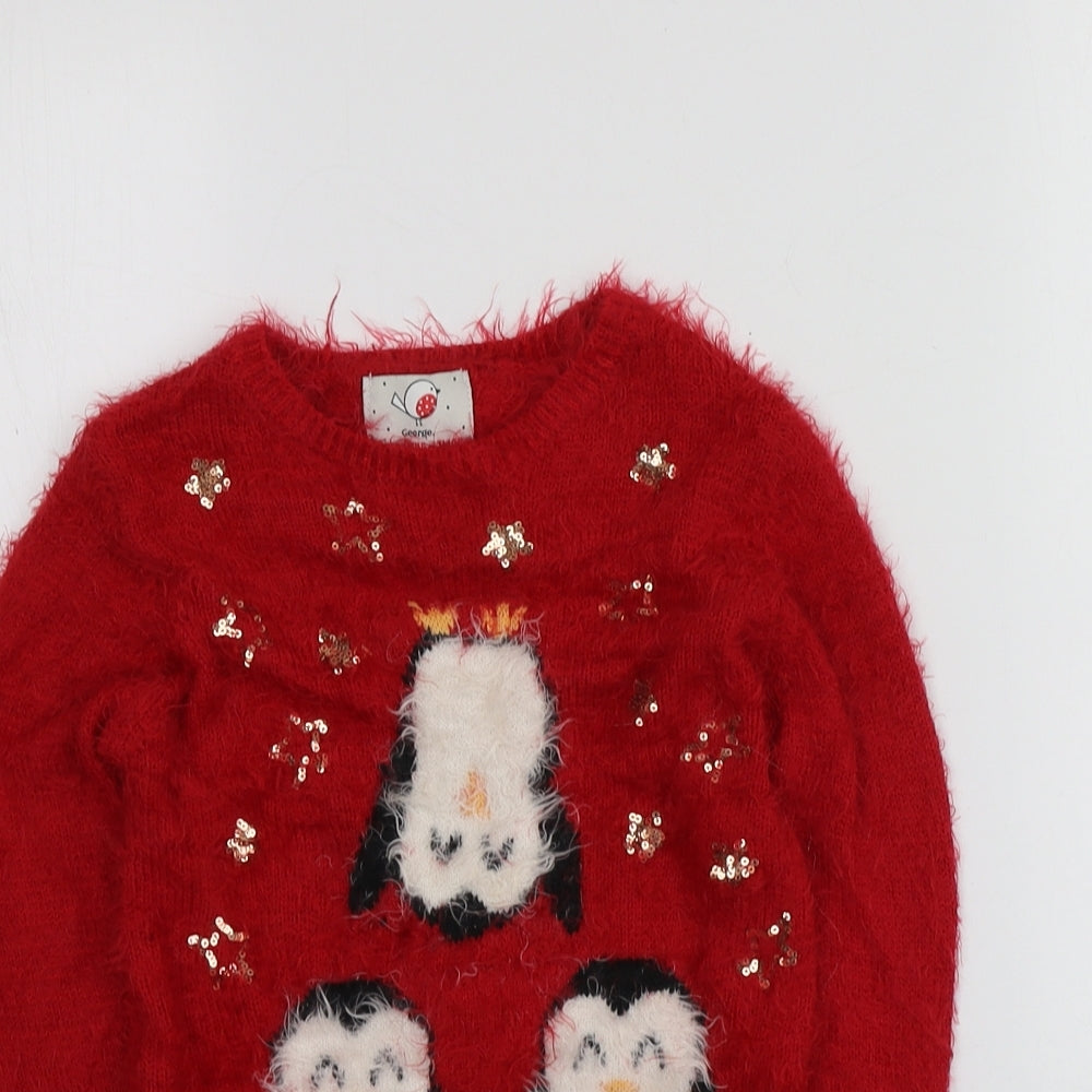 George Girls Red Round Neck Geometric Nylon Pullover Jumper Size 4-5 Years   - Santa Jumper