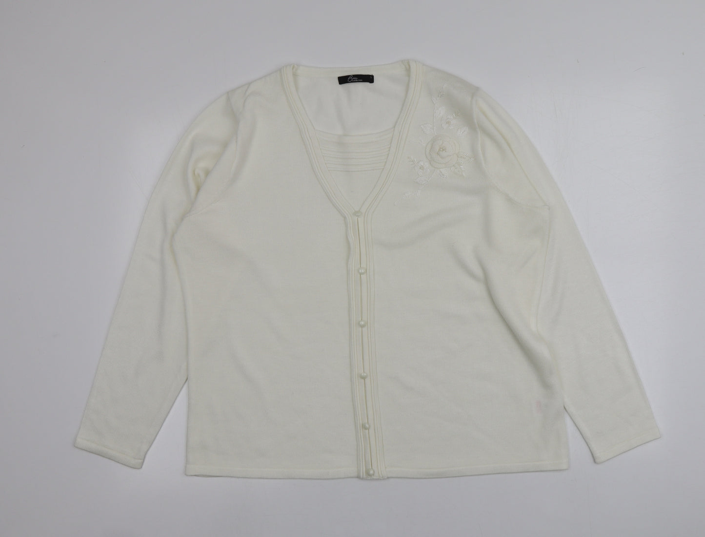 BM Womens Ivory V-Neck  Acrylic Cardigan Jumper Size L