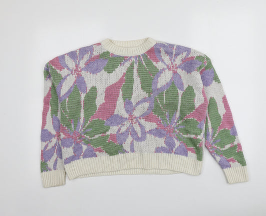 Front view of Primark women’s multicoloured round neck floral acrylic jumper, size XS