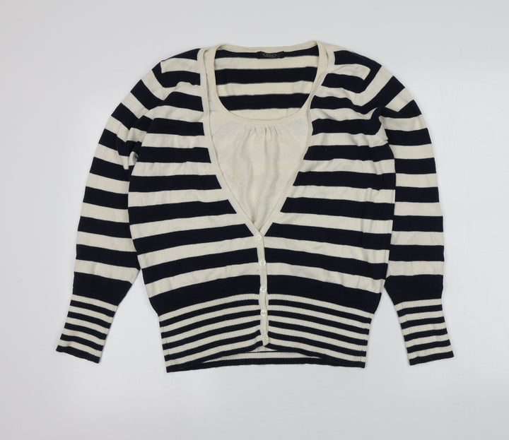 BM Womens Blue V-Neck Striped Cotton Cardigan Jumper Size S
