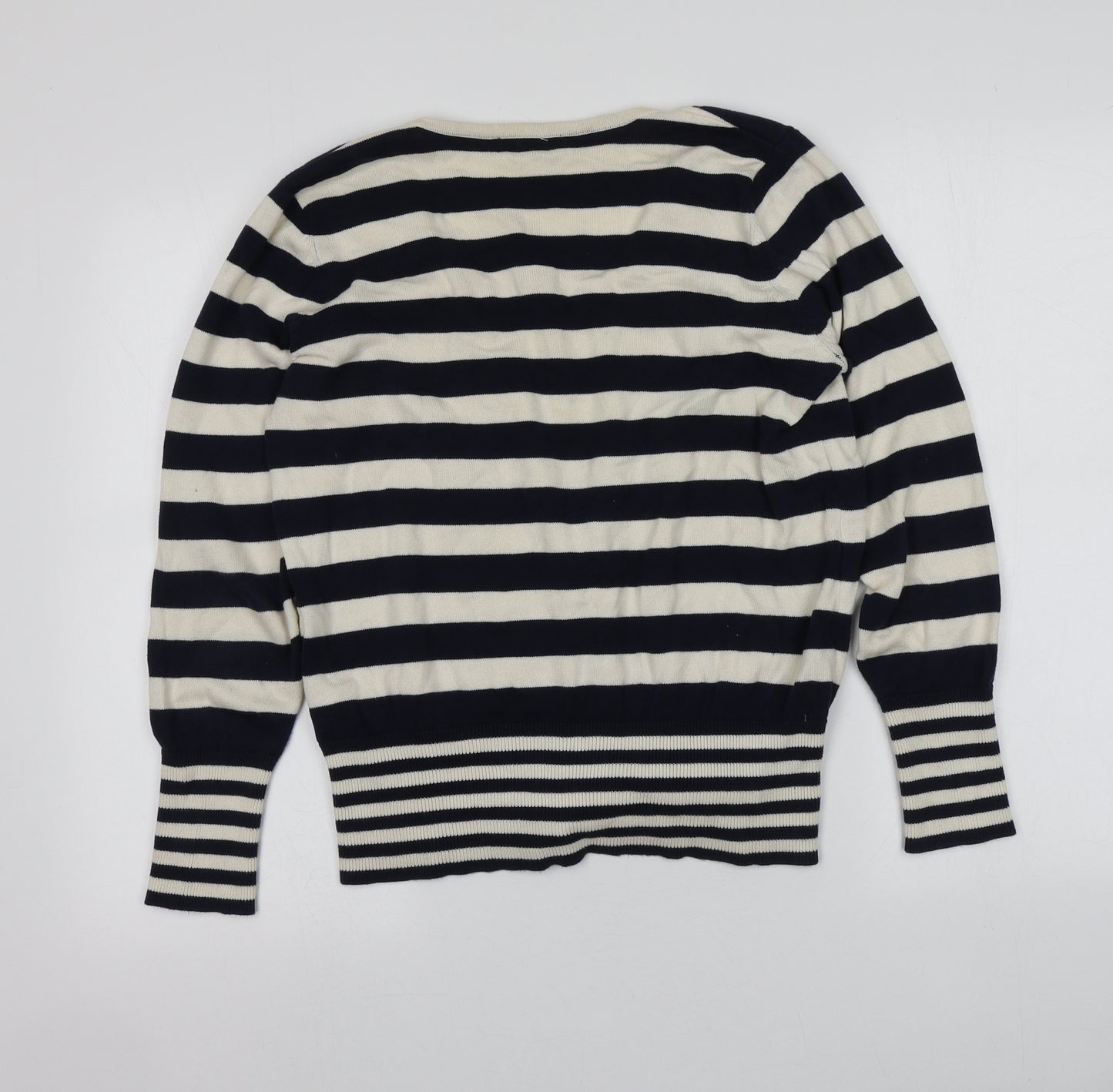 BM Womens Blue V-Neck Striped Cotton Cardigan Jumper Size S
