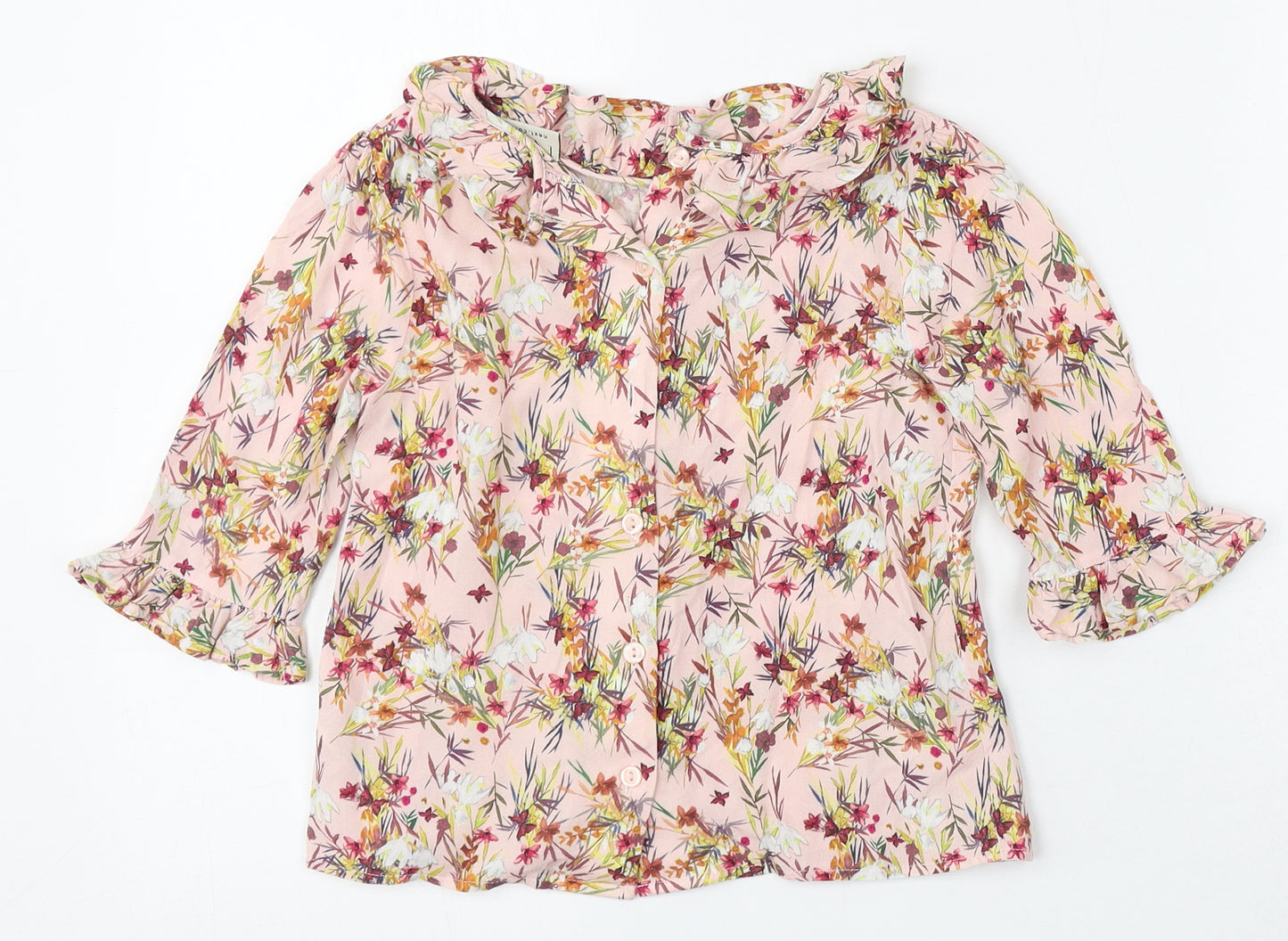 NEXT Girls Pink Floral Viscose Basic Blouse Size 9 Years Round Neck Hook & Eye