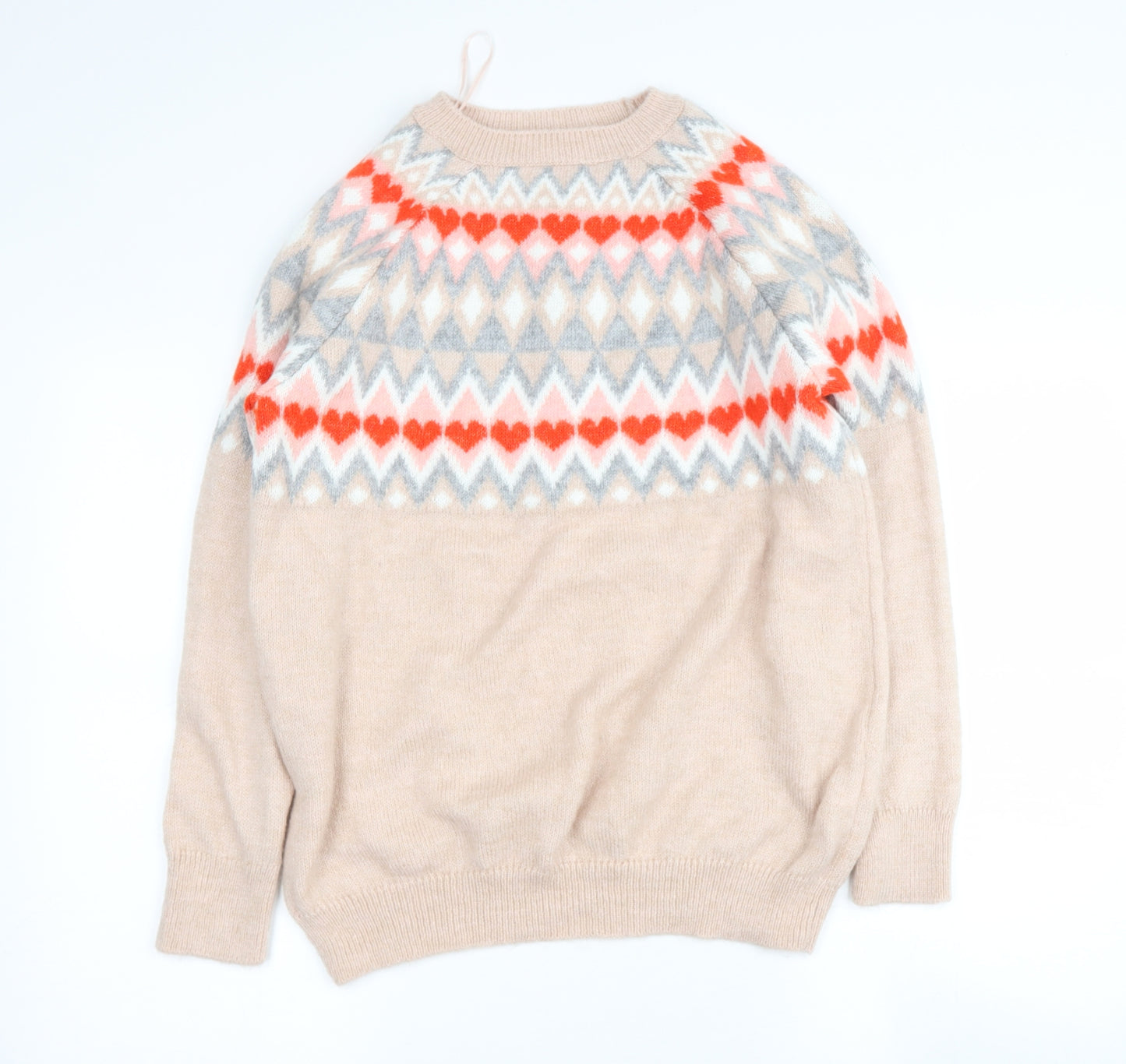 Papya Womens Beige Round Neck Geometric Acrylic Pullover Jumper Size S