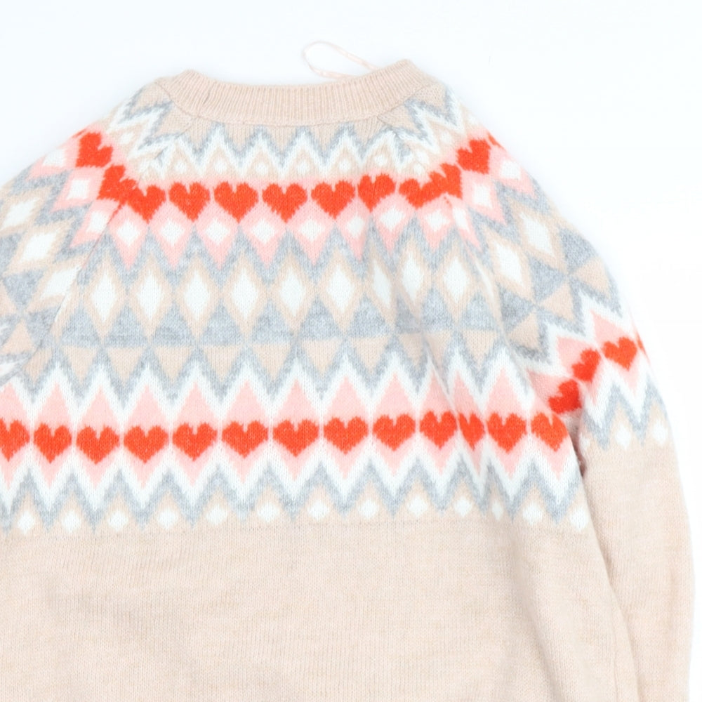 Papya Womens Beige Round Neck Geometric Acrylic Pullover Jumper Size S