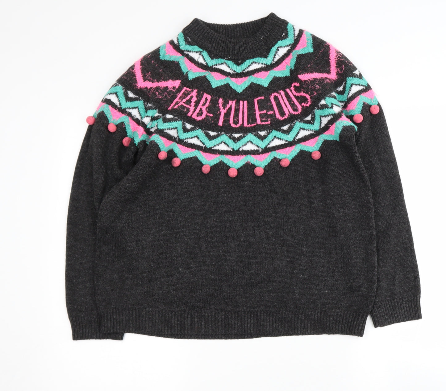 Papya Womens Grey Round Neck Geometric Acrylic Pullover Jumper Size M   - fab