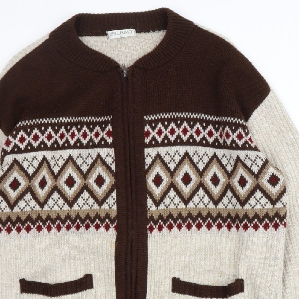 Bellisimo Mens Beige V-Neck Geometric Acrylic Full Zip Jumper
