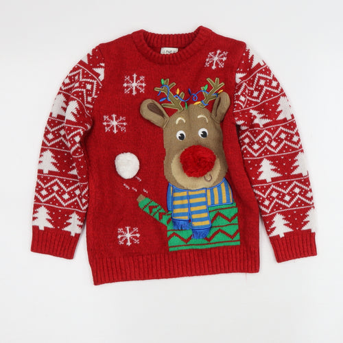 Tesco Boys Red Round Neck  Polyester Pullover Jumper Size 4-5 Years   - Rudolph