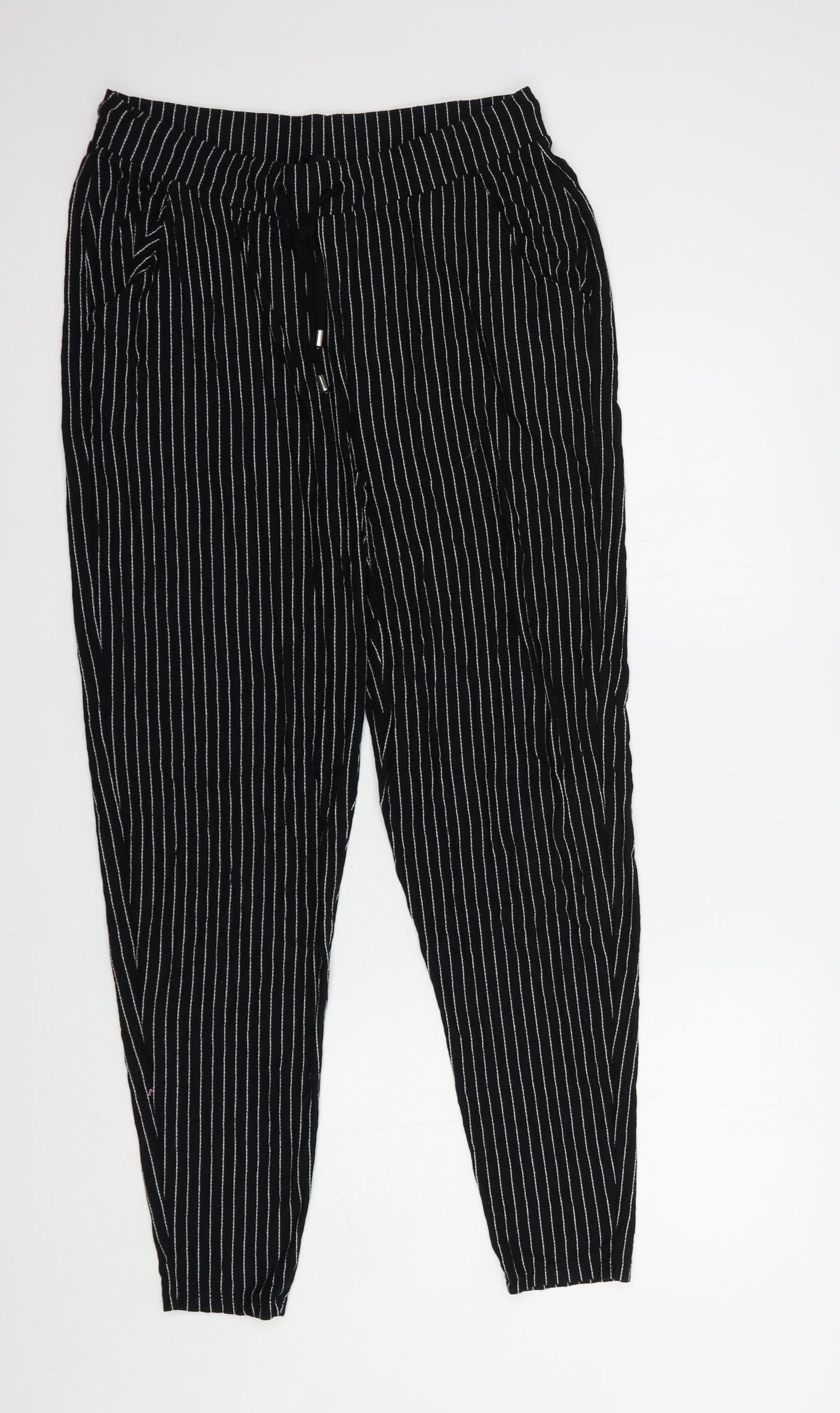NEXT Womens Black Striped Viscose Jogger Trousers Size 14 L29 in Regular Drawstring