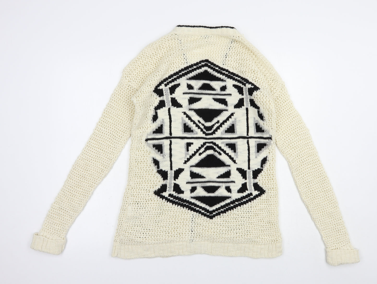 Warehouse Womens Ivory V-Neck Geometric Acrylic Cardigan Jumper Size 10