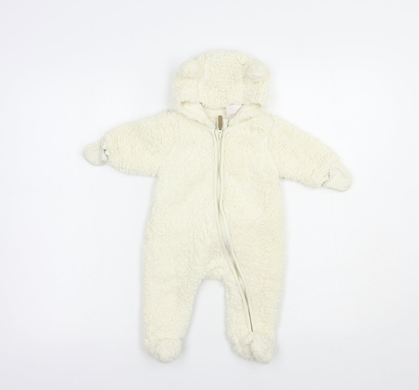 H&M Baby Ivory    Snowsuit Size 0-3 Months   Zip - Bear Hood
