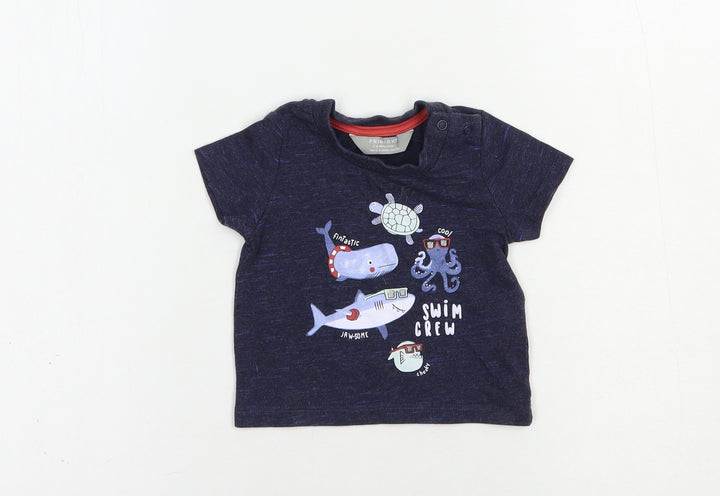 Primark Baby Blue  Cotton Pullover T-Shirt Size 3-6 Months Crew Neck Snap - Swim Crew