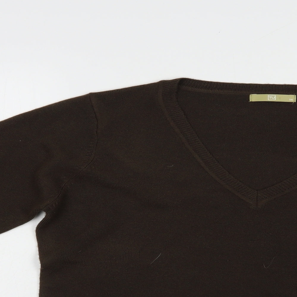 TU Womens Brown V-Neck  Acrylic Pullover Jumper Size 14