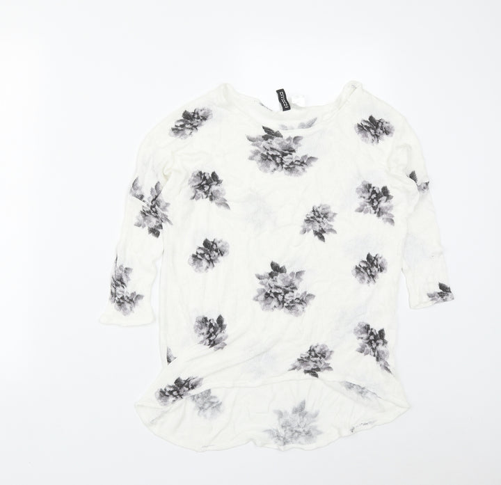 H&M Womens White Scoop Neck Floral Acrylic Pullover Jumper Size S