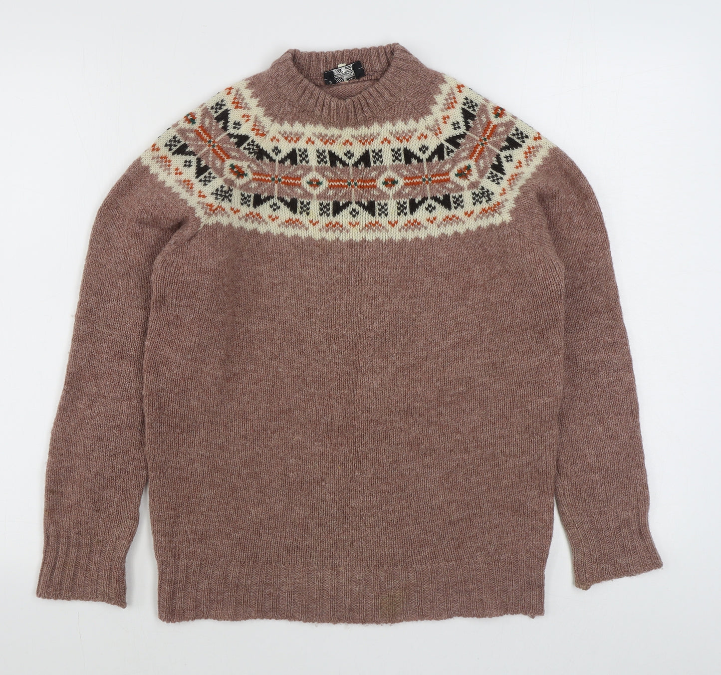 Pure New Wool Womens Brown Round Neck Fair Isle Wool Pullover Jumper Size M