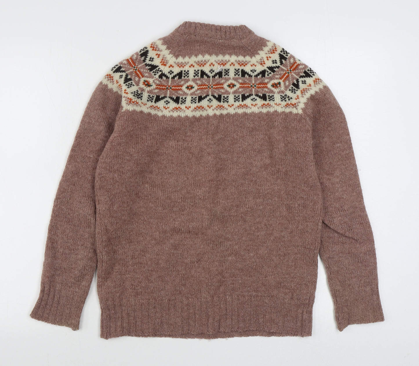 Pure New Wool Womens Brown Round Neck Fair Isle Wool Pullover Jumper Size M