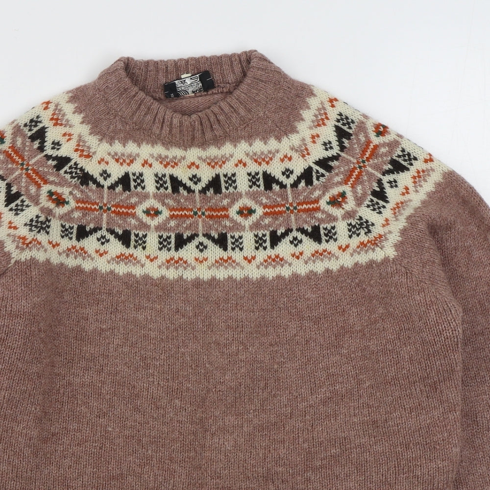 Pure New Wool Womens Brown Round Neck Fair Isle Wool Pullover Jumper Size M