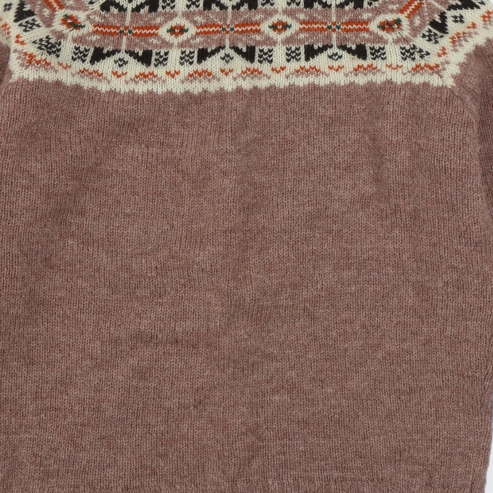 Pure New Wool Womens Brown Round Neck Fair Isle Wool Pullover Jumper Size M