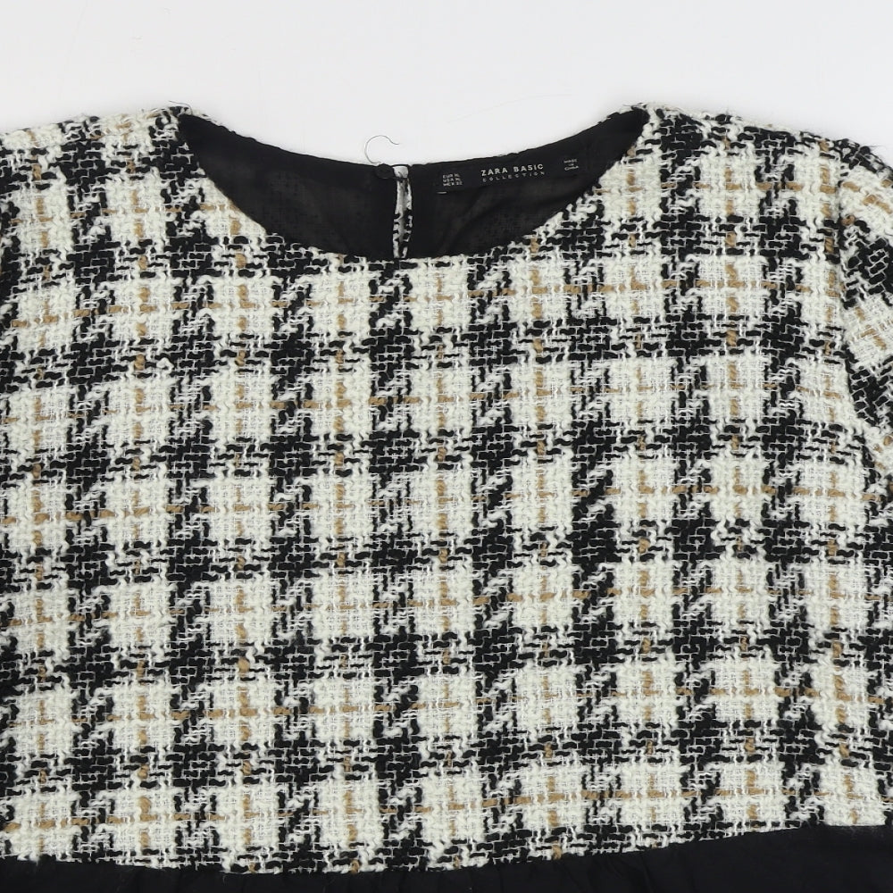 Zara Womens Black Plaid Polyester A-Line  Size XL  Boat Neck Button