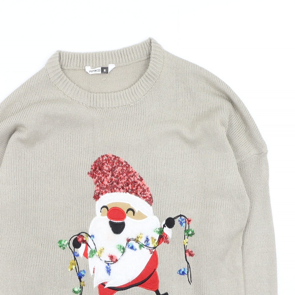 Pep&co  Womens Beige Round Neck  Acrylic Pullover Jumper Size M   - Christmas Jumper