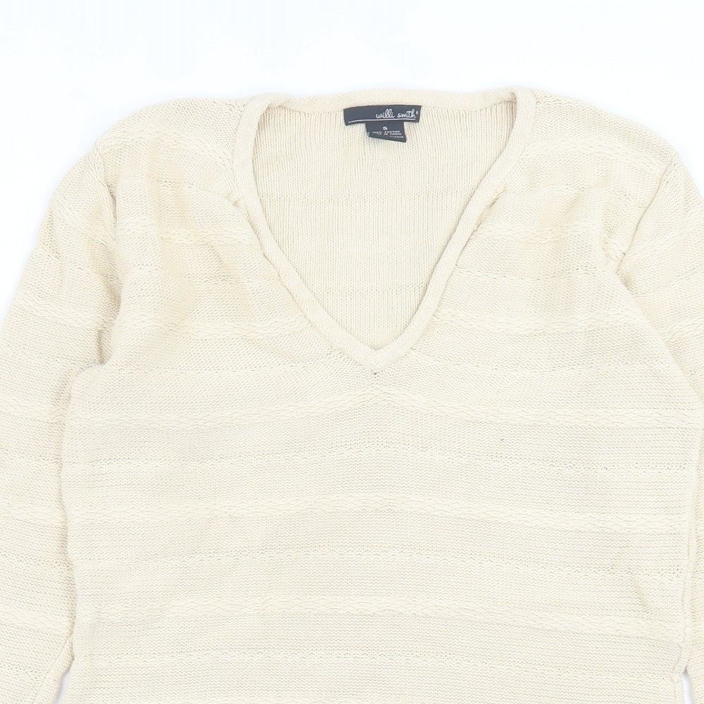 Willi Smith Womens Beige V-Neck  Cotton Pullover Jumper Size S