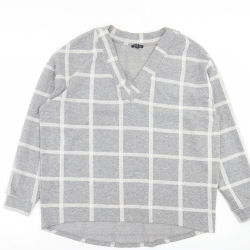 River Island Womens Grey V-Neck Check Polyester Pullover Jumper Size 8