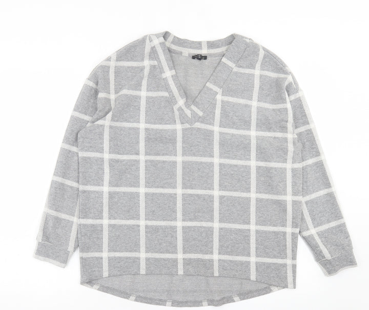River Island Womens Grey V-Neck Check Polyester Pullover Jumper Size 8